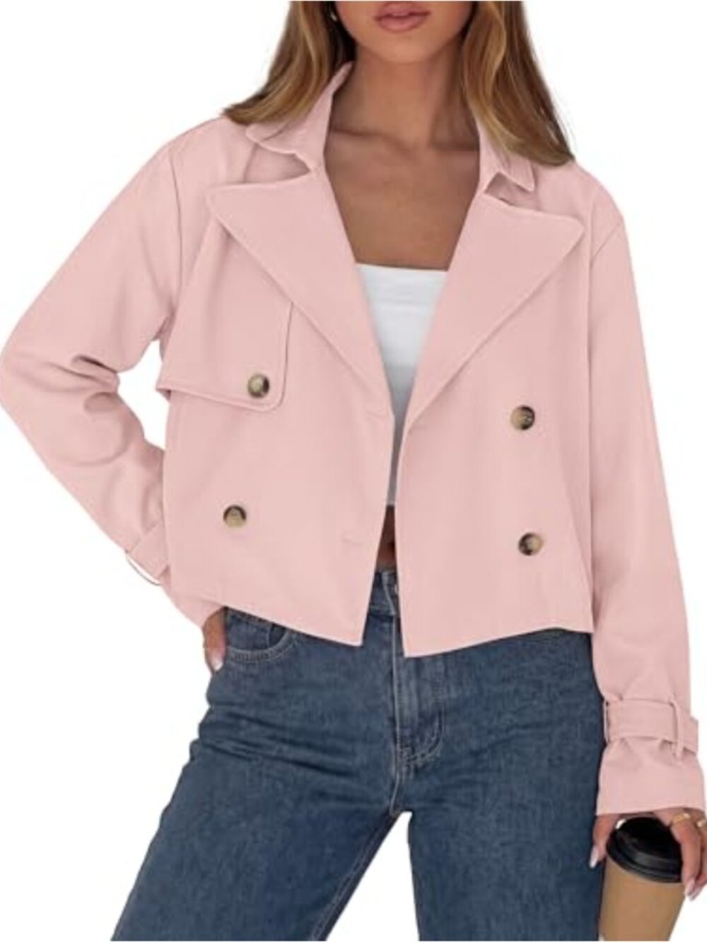 Cropped Trench Coat Women's Short Jacket Double Breasted Lightweight Cotton